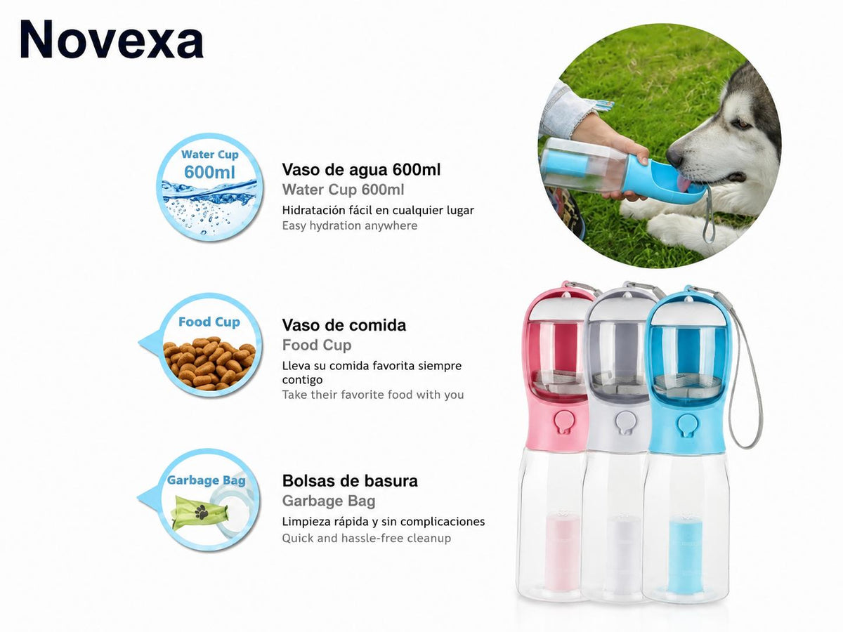 Botella de Agua Portátil 3 en 1 para Perros| Bebedero, Comedero y Dispensador de Bolsas